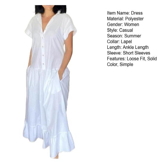 Женское летнее платье с лацканами и короткими рукавами, однотонное однобортное повседневное длинное платье