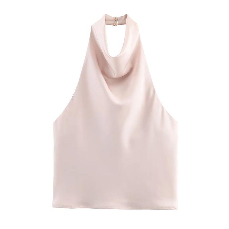 Summer New Product Women's Clothes French Short Silk Satin Texture Open Back Hanging Collar Tops 3203317 2069399