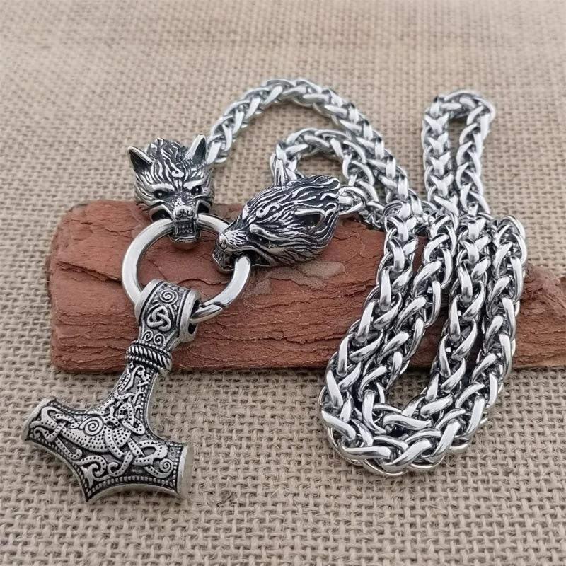 Nordic Viking Thor Hammer Pendant Wolf Head Necklace Domineering Necklace Men's Norwegian Jewelry