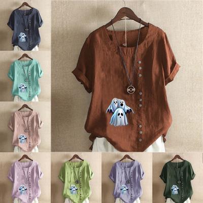 Женская модная футболка с круглым вырезом и коротким рукавом, повседневная хлопково-льняная футболка с графическим принтом, призраки, летняя блузка, топы, большой размер