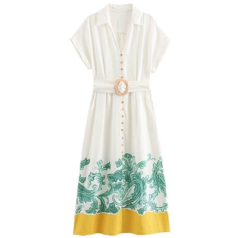 2024 New Lapel Curling Short Sleeve with Belt Return Pattern Printed Shirt Dress 8253497 330