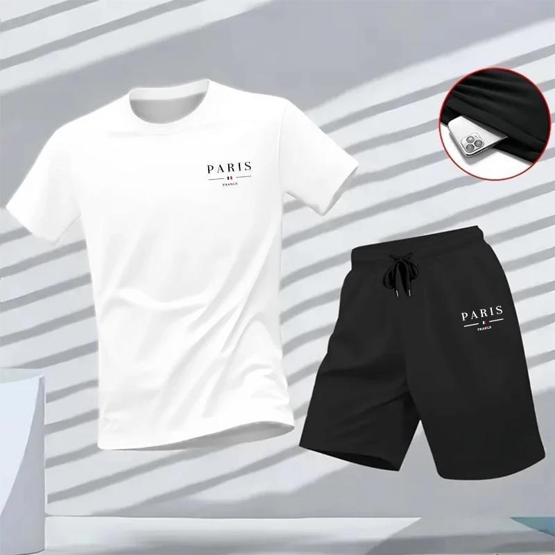 Летний Повседневный Спортивный Костюм для Бега Streetwear 2026 Горячая Распродажа Мужской Спортивный Костюм Модная Футболка с Принтом Paris и Шорты