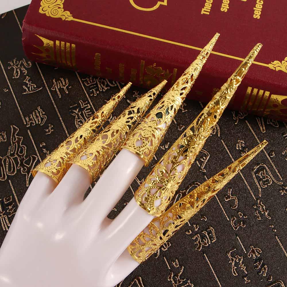 Style Costume Hollow Knuckle Rings Belly Dance Accessories Finger Tip Protection Nail Rings Set