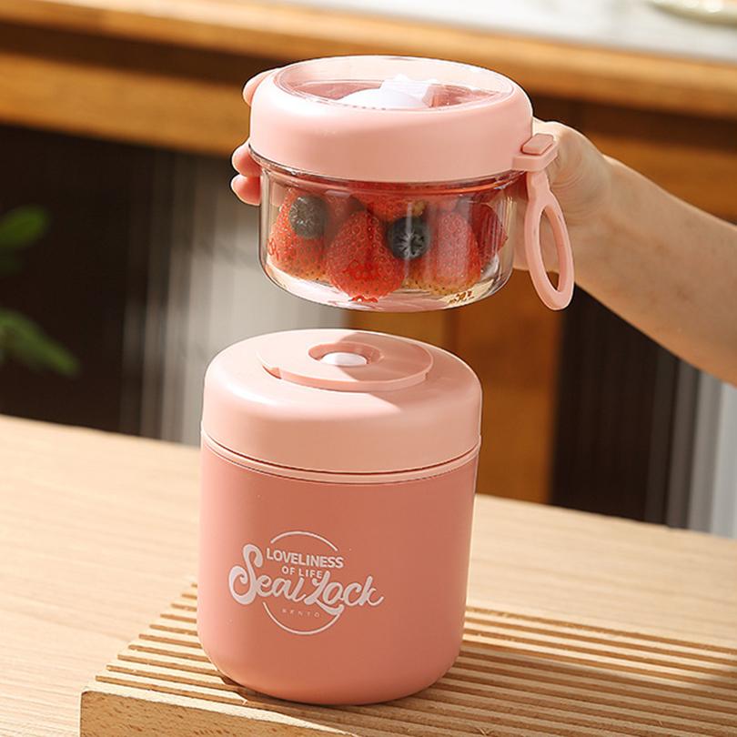 Двойная чашка из нержавеющей стали для салата с ложкой для завтрака, овсянки, молока, фруктов, салатница, переносная ланч-бокс для офисных работников и студентов