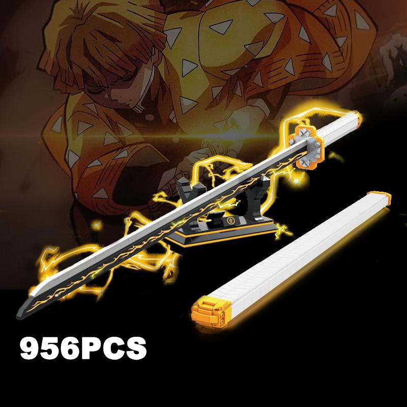 956PCS Demon Slayer Agatsuma Zenitsu Sword Building Blocks Anime Ninja Knife Weapon Katana Model Assemble Brick Toy Kid Boy Gift