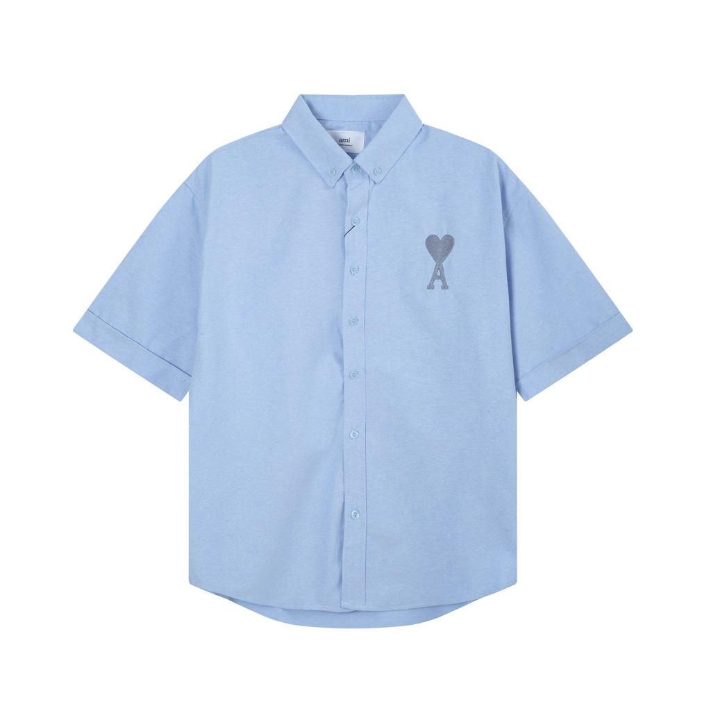 AMI Мужская классическая осенняя рубашка с коротким рукавом, повседневная хлопковая однотонная, с вышивкой сердечка в тон на груди