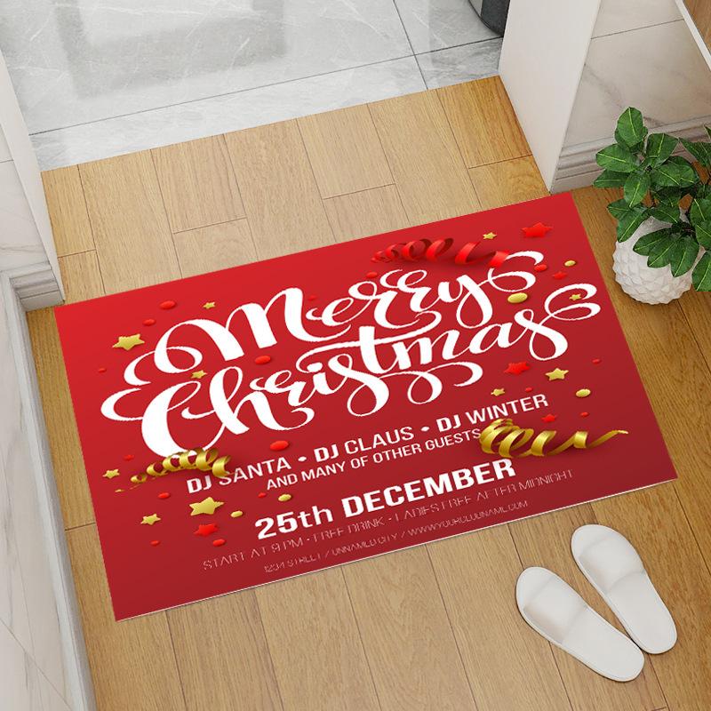 Red Coral Fleece Christmas Floor Mat with Santa Claus and Tree Design