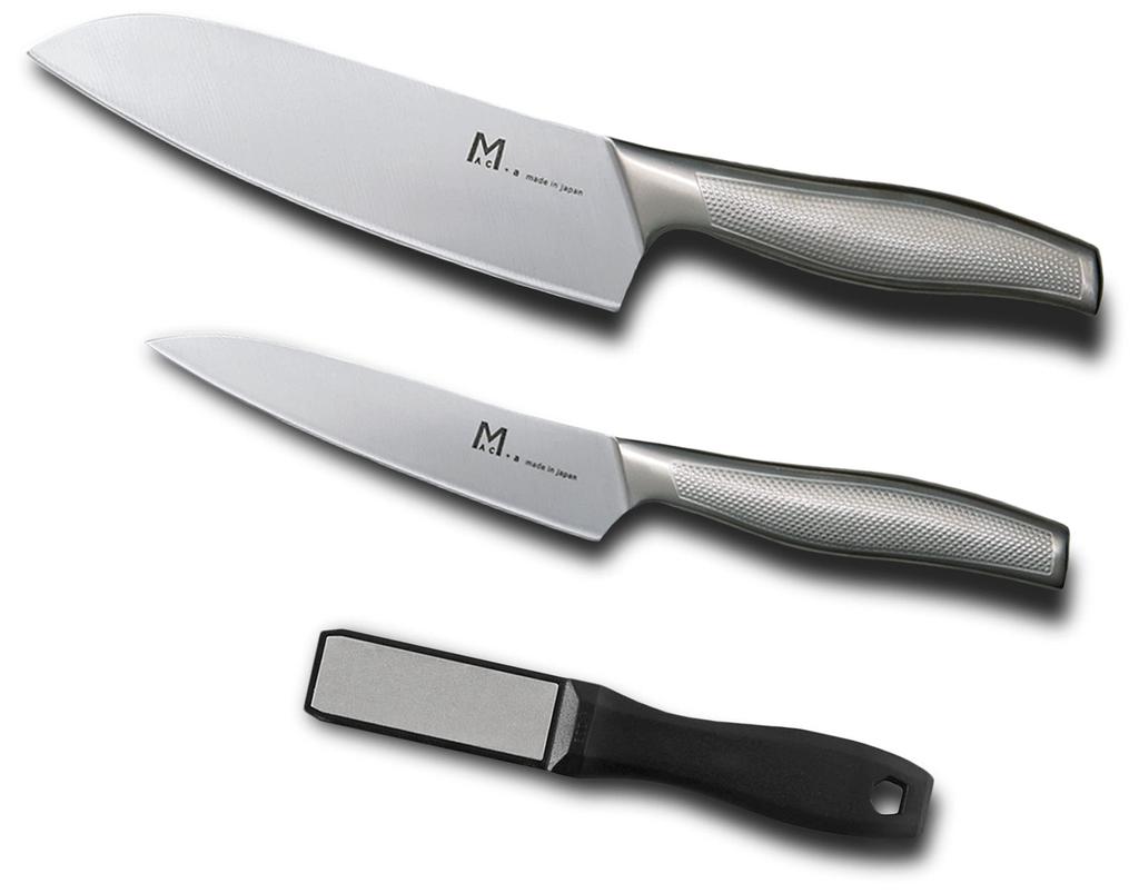 Stainless Steel Knife Set Petty with Diamond Sharpener 3 Pieces Made in Japan MAC+a (Santoku & Knife) - -