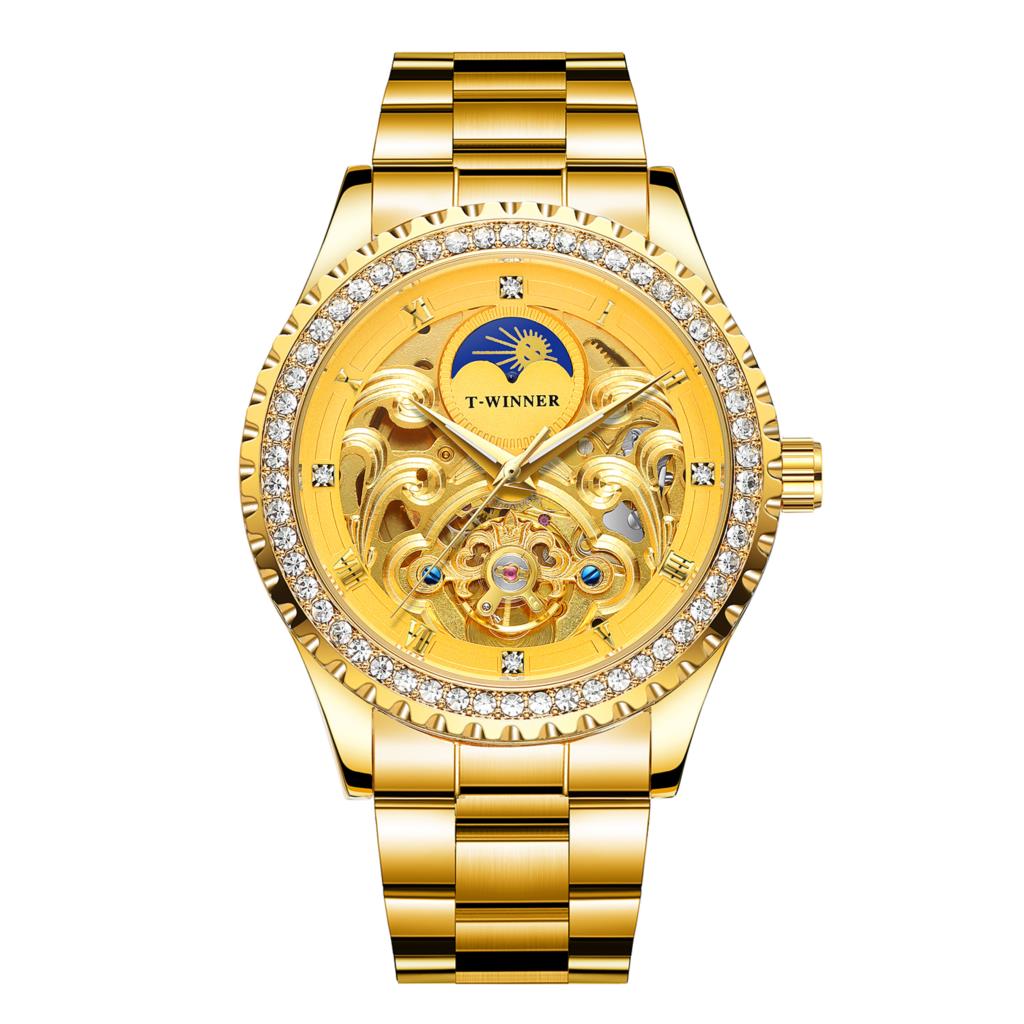 Luxury Men's Gold Case Mechanical Watch with Moon Phase Stainless Steel Strap Waterproof Automatic Wristwatch for Male Fashion