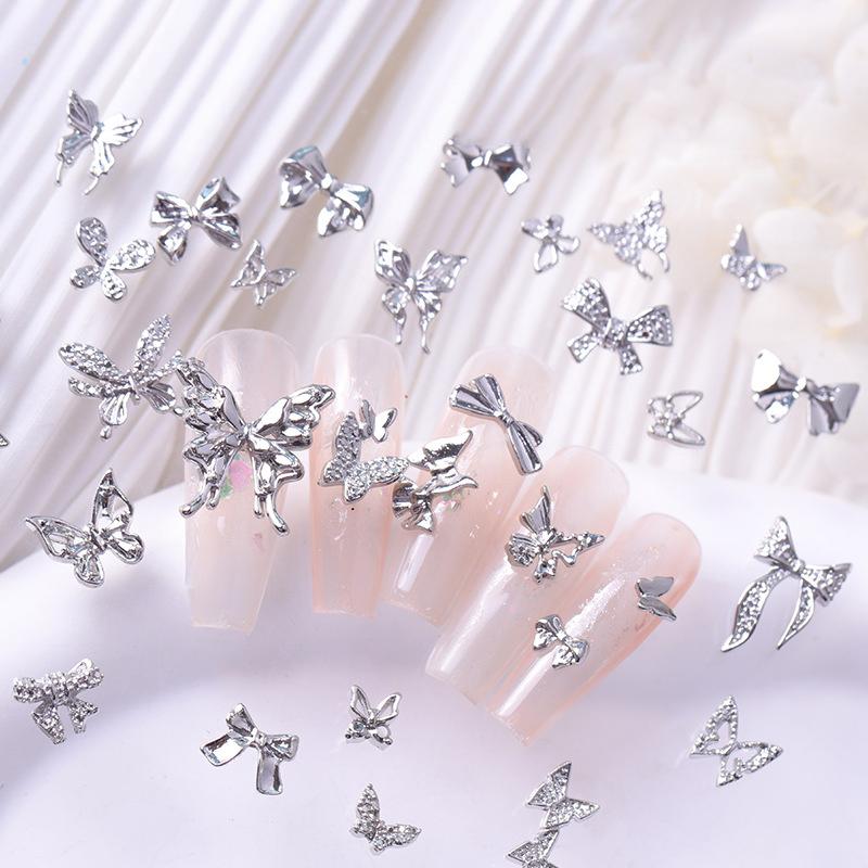 10 шт./пакет в форме бабочки, звезда, цветок, подвеска для ногтей, серебряный сплав для ногтей, жемчужные украшения, аксессуары, принадлежности для ногтей