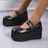 2022 Summer Women's Retro Round Toe Patent Leather Mary Jane Shoes, Size 43, Platform Wedge Heels, Shallow Mouth Design.