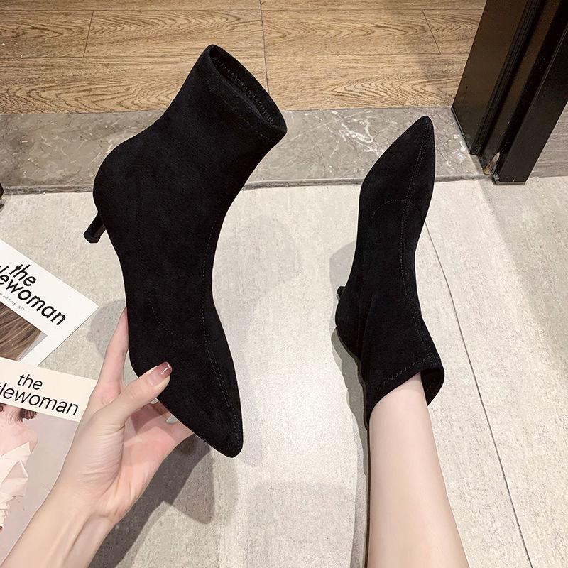 Women's Ankle Boots Elegant With Medium Heels Short Shoes For Woman Elastic Footwear Suede Sock Booties Stylish Y2k Pu Hot