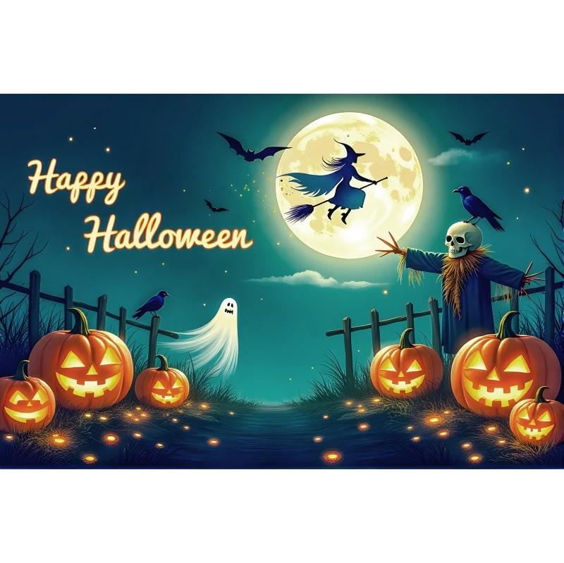 1pc Happy Halloween Party Backdrop with Moon Ghost Witch Scarecrow Pumpkin Bats Banner for Halloween Themed Party Decoration