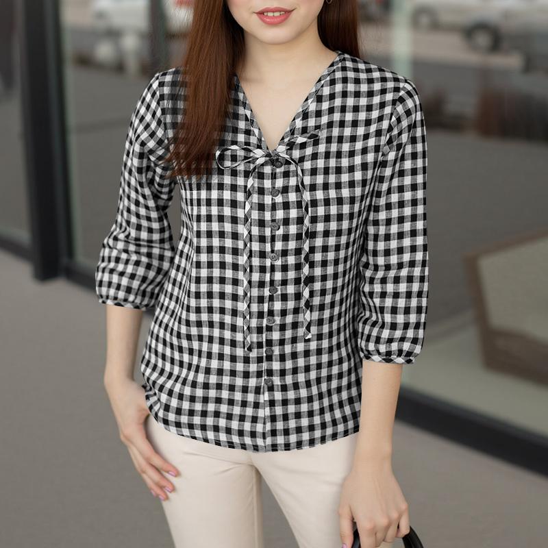 ZANZEA Женская повседневная блузка с V-образным вырезом и рукавом 3/4, свободная клетчатая блузка
