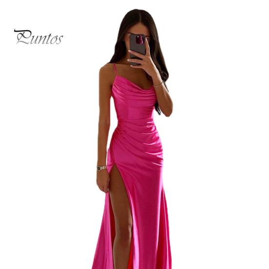 Женское вечернее платье с разрезом по бокам, плиссированное, с открытой спиной, облегающее платье макси на тонких бретельках, с глубоким вырезом, без рукавов, платье-комбинация А-силуэта для свадебного банкета