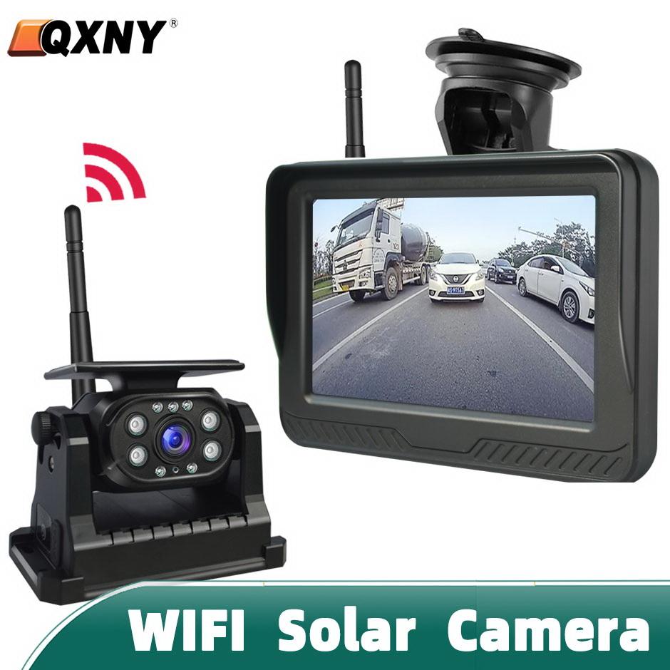 Solar Wireless Magnetic Reverse Backup Camera IR Night Vision 1080P 5 Inch Monitor Rear View System for Car RV Truck Trailer.