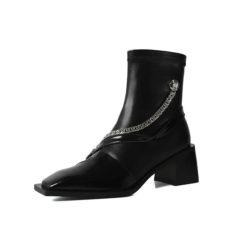 Designer Vintage Chelsea Boots Women Thick High Square Toe Zipper Autumn Winter Ladies Slim Short Booties