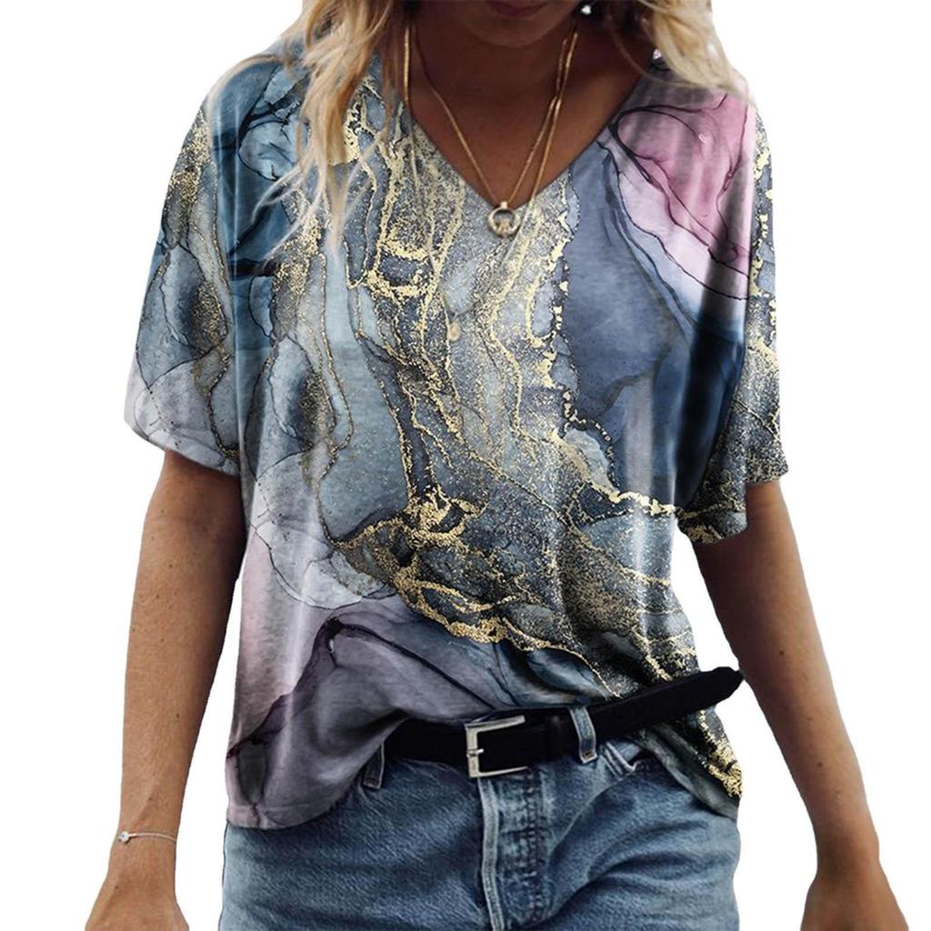Marble Digital Printed Tie Dyed T-shirts Summer Women V Neck Short Sleeve Loose 3D T Shirt