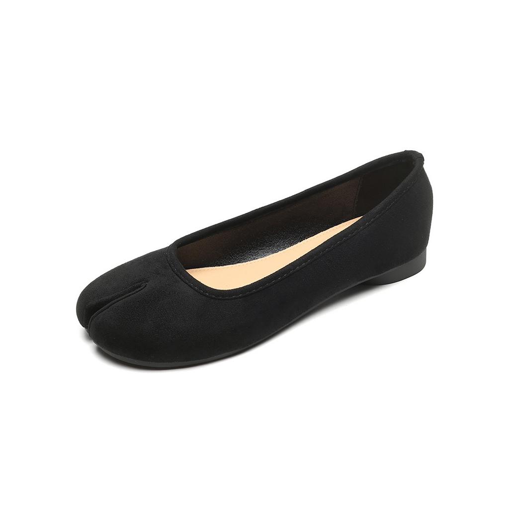 Weiwei Girl 7899-2 Неглубокие одинарные туфли Женские туфли на плоской подошве Французский темперамент Раздвоенный носок Туфли с одной педалью Ретро свиные рыси