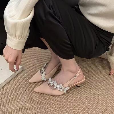 Французские туфли-лодочки с низким каблуком, украшенные стразами, из мягкой кожи, с острым носком, на шпильке, темпераментные, с закрытым носком, сандалии женские