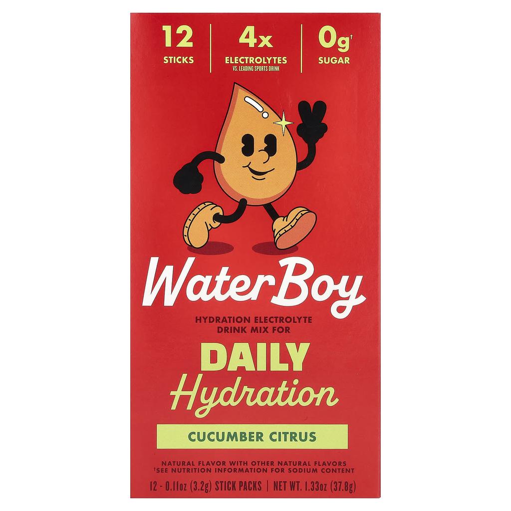 Waterboy, Daily Hydration, Electrolyte Drink Mix, Cucumber Citrus, 12 Stick Packs, 3.2g (0.11oz) Each
