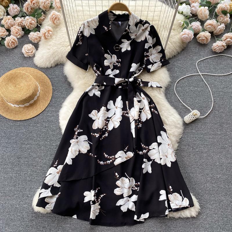 RUGOD Платье в праздничном стиле на шнуровке с принтом на талии. Летнее женское шикарное французское платье средней длины с короткими рукавами.