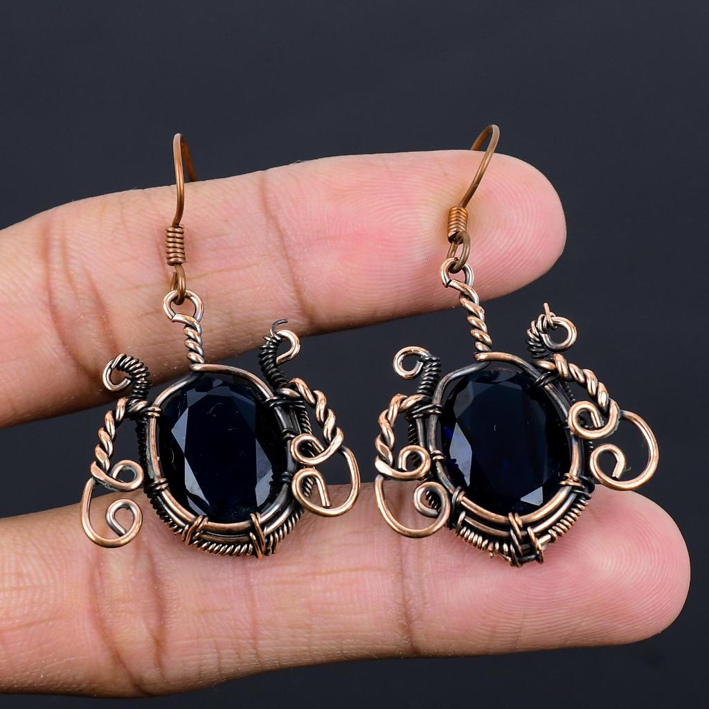 Серьги с синими сапфирами, Серьги с драгоценными камнями ручной работы, Серьги, обернутые медной проволокой 999 пробы, Антикварные украшения, Для подарка на помолвку