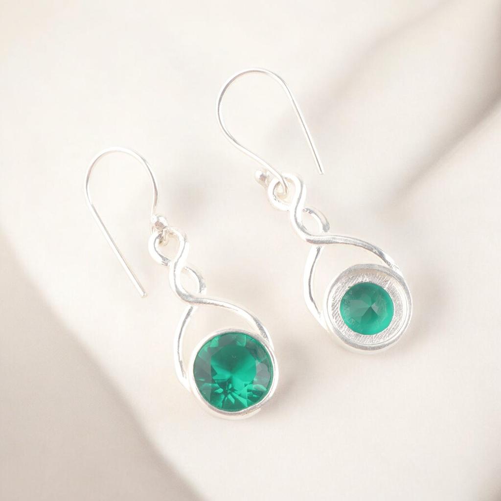 Round Cut Green Emerald 925 Sterling Silver Handcrafted Jewelry Earrings 1.68" CE-15-1