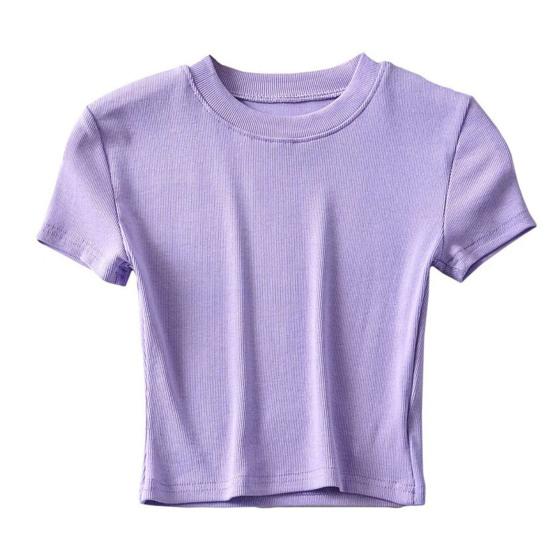 Женский летний укороченный топ с круглым вырезом и коротким рукавом, облегающий эластичный однотонный повседневный мягкий дышащий женский топ с открытой талией