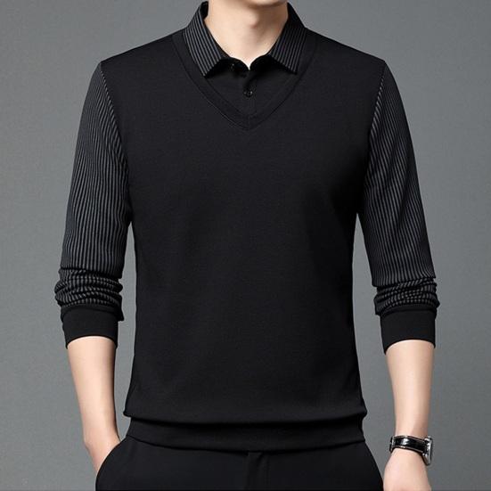 Мужская рубашка осень-весна с отложным воротником, имитация двухсекционного свитера в стиле пэчворк, большой размер, полосатая пуговица, формальный деловой стиль, мужской офисный топ