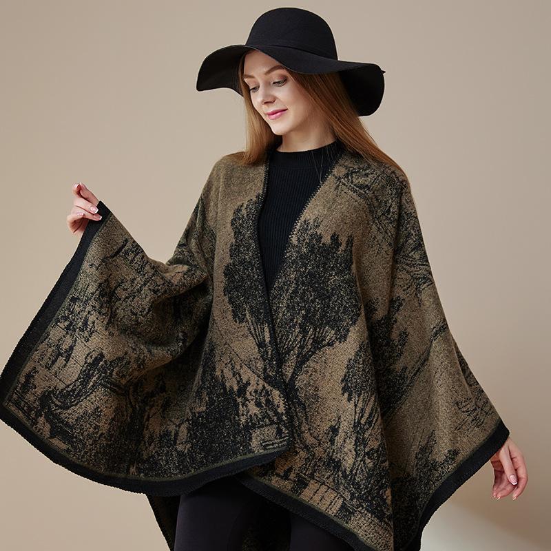 Women's Fashion Pashmina Autumn and Winter Cloak Thicken Warm Shawl Knitted Wraps Split Cape