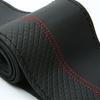38cm Top Layer Cowhide Soft Genuine Leather Braid Steering Wheel Cover Black Double Line Hand-stitched With Needle Thread