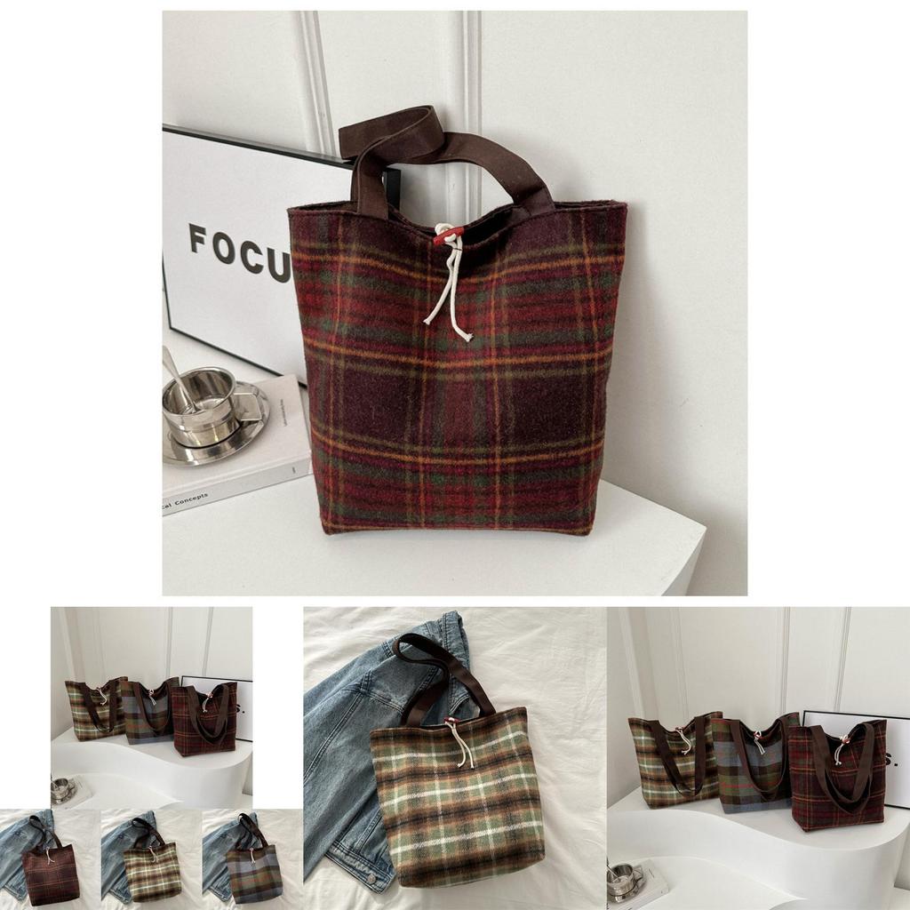 Trendy Plaid Woolen Tote Bag With Large Capacity For Women 2024 New Street Fashion