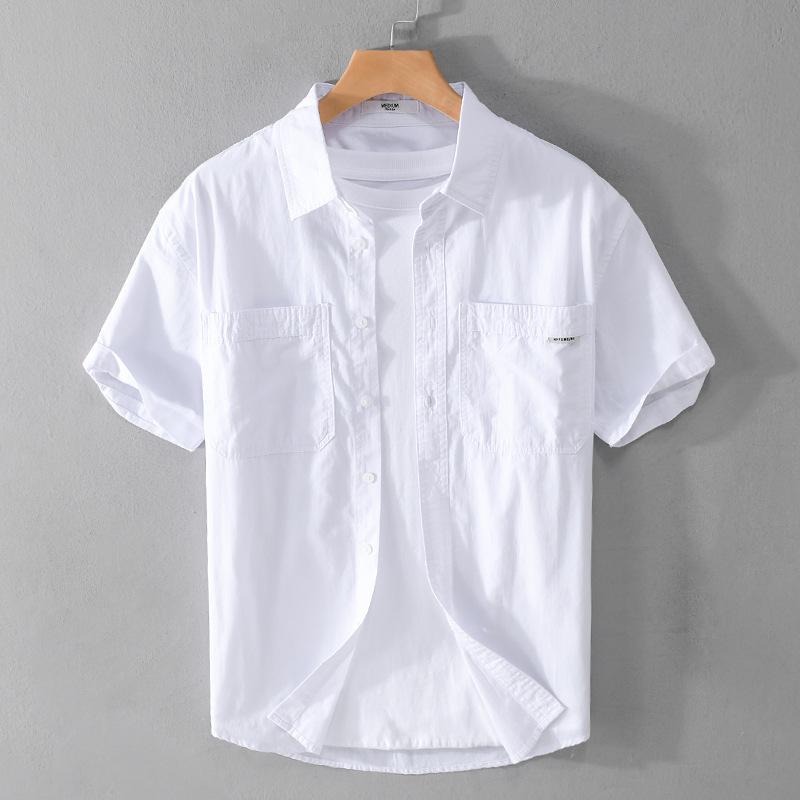 Летняя мужская повседневная рубашка из чистого хлопка с коротким рукавом, воротником-лацканами, однотонная рубашка с двойными карманами, молодежная простая мужская одежда