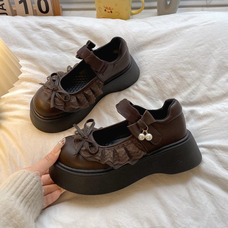 British Style Vintage Women Mary Jane Shoes Concise Butterfly-knot Single Shoes Ladies Height Increase Dress Leather Pumps