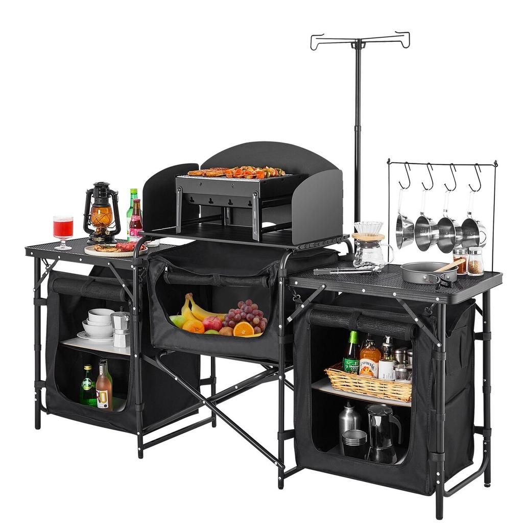 Camping Kitchen Table Portable Outdoor Cook Station Windshield Cupboards