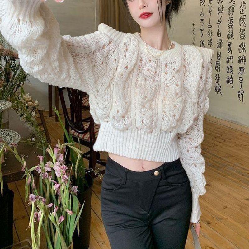 French Autumn Sweater Women's Solid Color Round Neck Hollow Knit Sweater Bubble Sleeve Knit Sweater Top Casual Knit Sweater