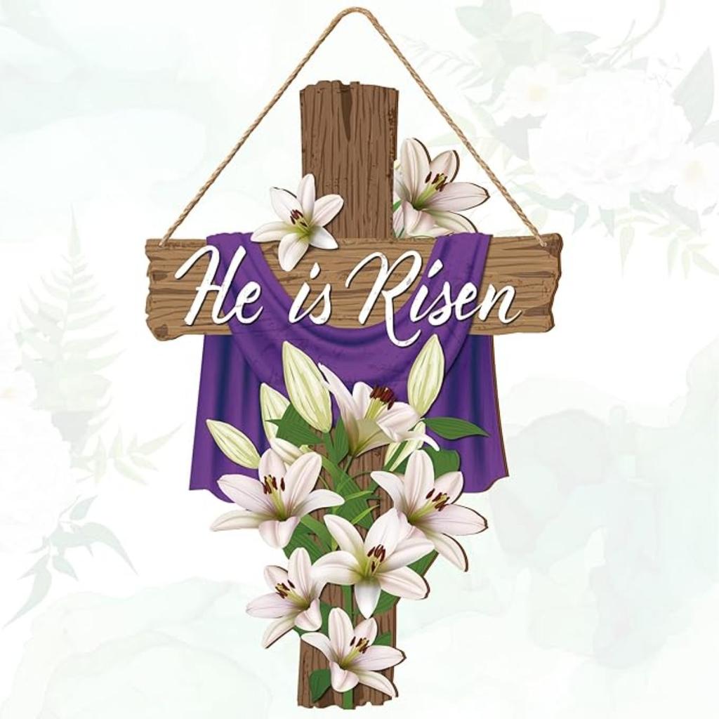Easter He Is Risen Wreath for Front Door Religious Easter Decoration Wooden Cross Door Sign Hanging Sign Christian Floral Decor for Party Supplies