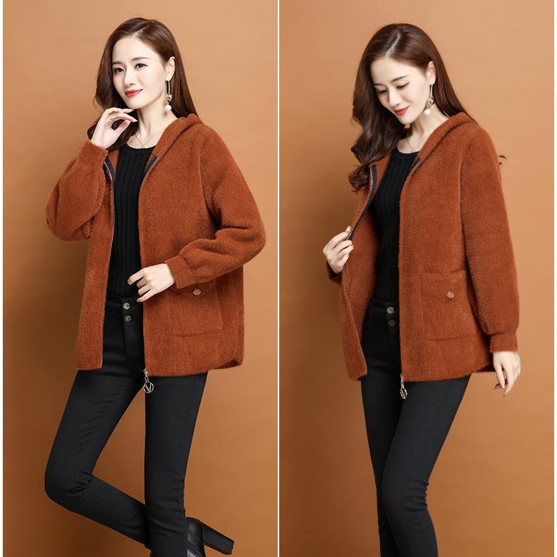 Утолщенный кардиган из искусственного меха норки с капюшоном для женщин, короткая осенне-зимняя куртка