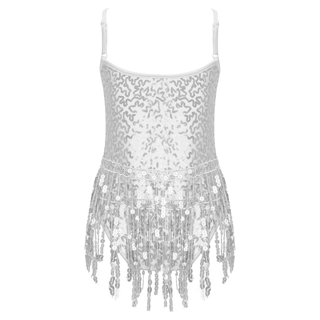 Kids Girls Latin Dance Dress Sleeveless Sparkly Sequins Tassel Fringe Dress Latin Jazz Salsa Tango Samba Rumba Dance Costume