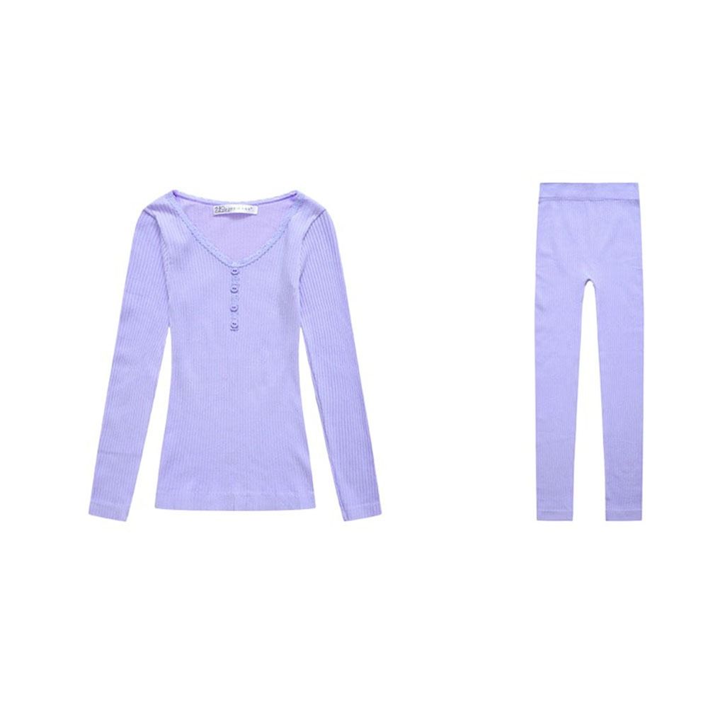 Футболка с круглым вырезом, пуговицы, длинные брюки, комплект термобелья, женское нижнее белье, комплект топ и брюки