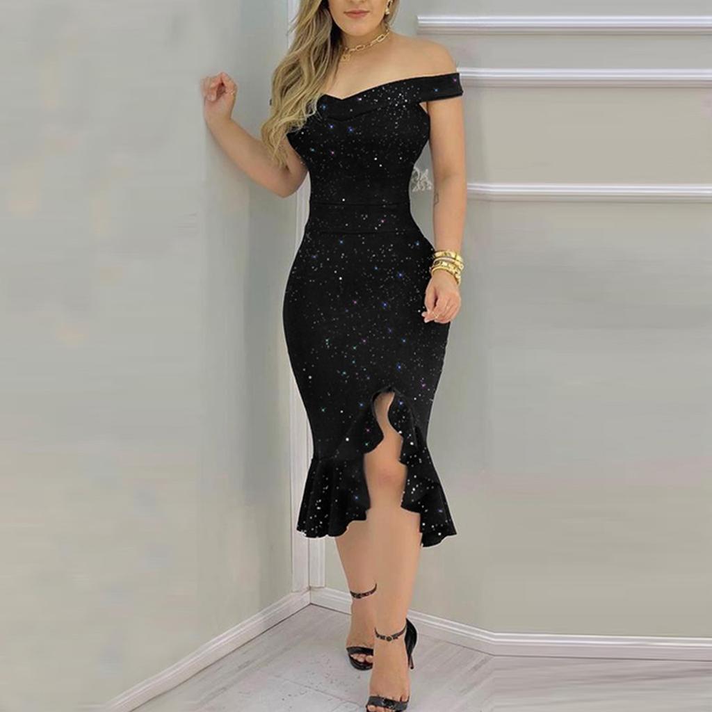 Women's Fashion Sexy Summer Off Shoulder Short Sleeve Sequin Ruffle Irregular Dresses