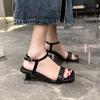 2024 Summer New Sandals PU Leather Women's Shoes Low Heels Black Sandals Female Comfort New Fashion Square Toe Sandalias Mujer
