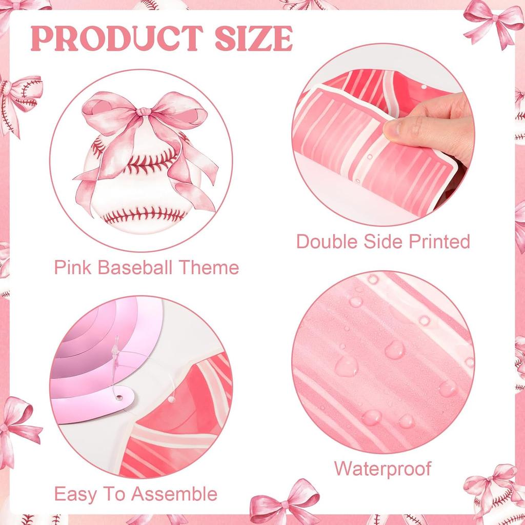 Funrous 22 Pcs Baseball Coquette Party Decoration Pink Bow and Baseball Hanging Swirl Spiral Ceiling Streamer Sport Theme Hanging Decor for Birthday