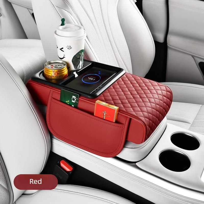 Multifunctional Car Armrest Box with Wireless Charging, Thicken Height Pad Arm Rest Cushion Storage Box Phone Cup Tissue Holder