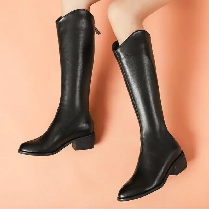 Женская обувь 2024 года, горячая распродажа, женские сапоги с застежкой-молнией сзади, модные современные сапоги с острым носком, женские новые сапоги больших размеров, однотонные сапоги до колена