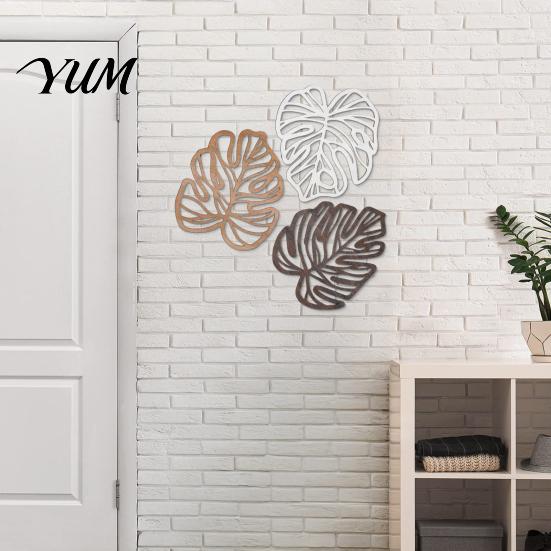 Rustic Wooden Wall Sculpture 3Pcs Hollow Monstera Leaf Decoration, Tropical Art Hanging Plaque, Decorative Minimalist Home Decor with Hook for Living