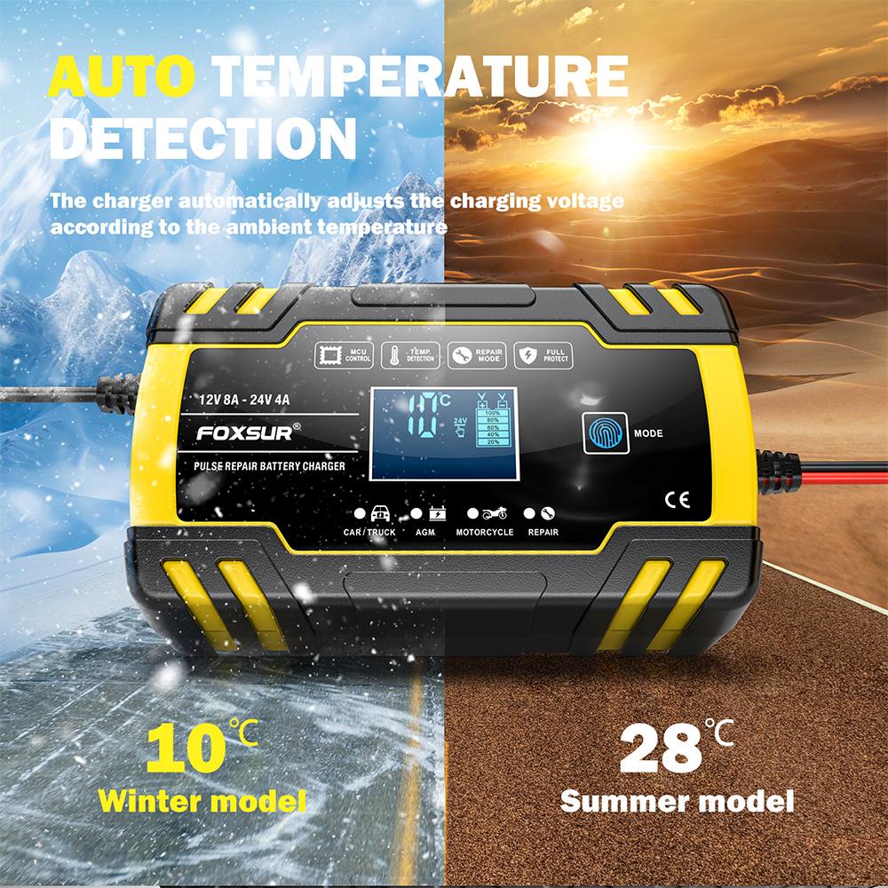 12V/8A 24V/4A Полностью автоматическое автомобильное зарядное устройство Импульсный ремонт FOXSUR Автомобильный грузовик AGM Свинцово-кислотный ЖК-дисплей Автоматическая зарядка аккумулятора FBC122408D