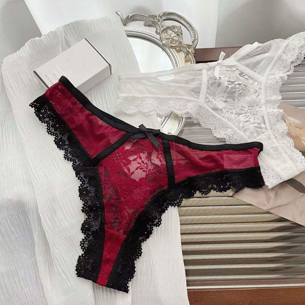 Ruffle Lace Flower Transparent Briefs Thong Mesh Floral Bowknot Panties Comfortable Lady