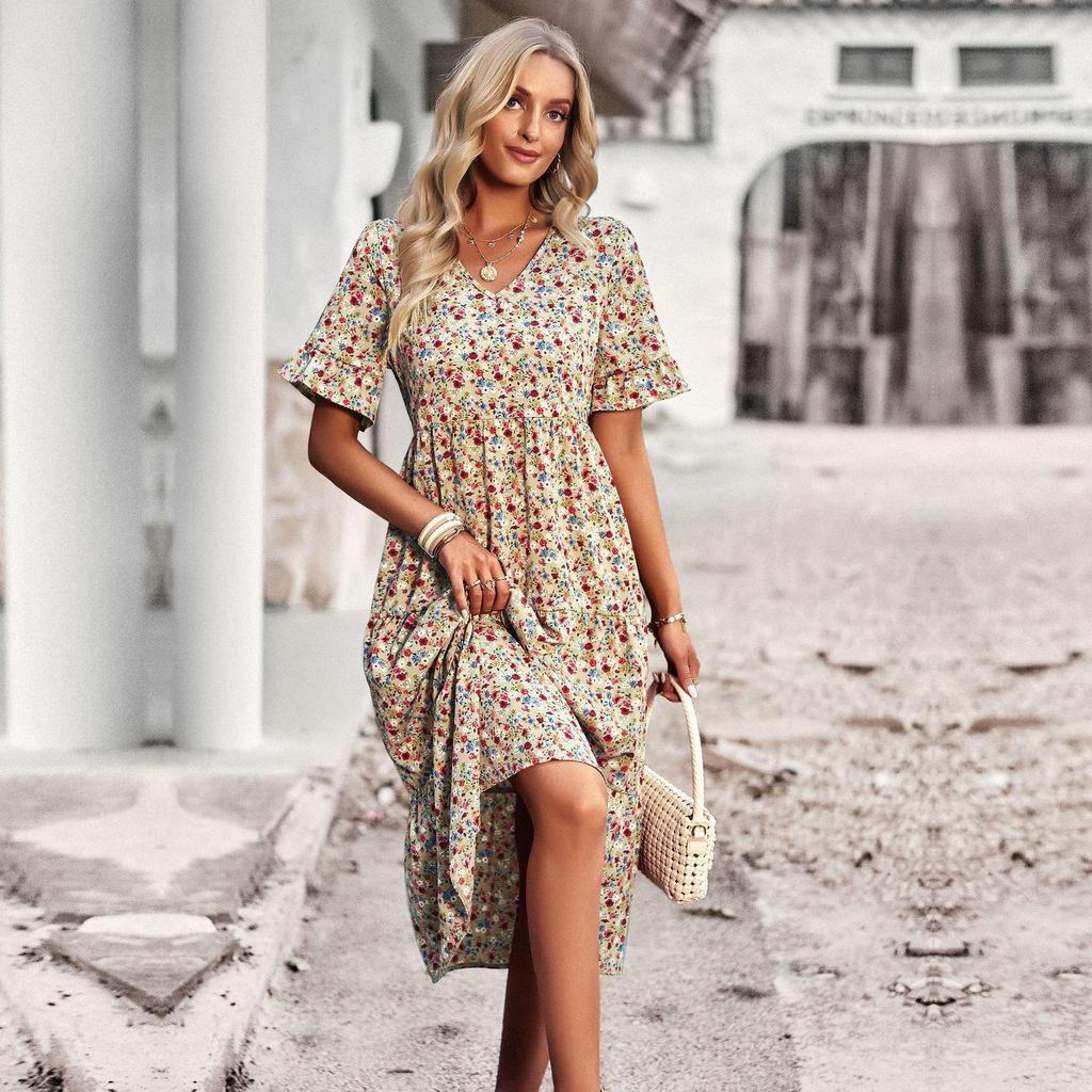 Женские летние летние платья с V-образным вырезом и высокой талией с коротким рукавом и цветочным принтом